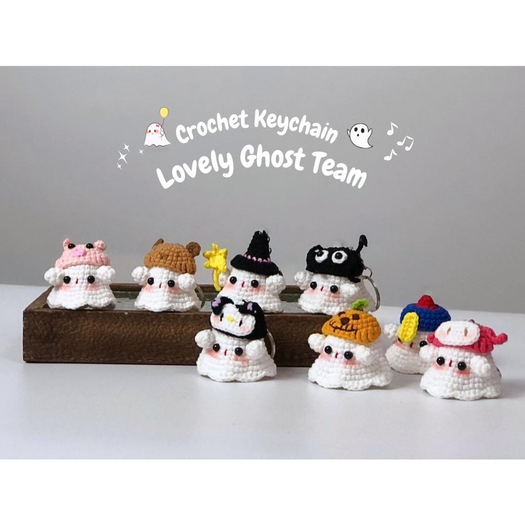 Crochet Ghost Keychain: Handmade Cotton Mushroom Hat Keyring