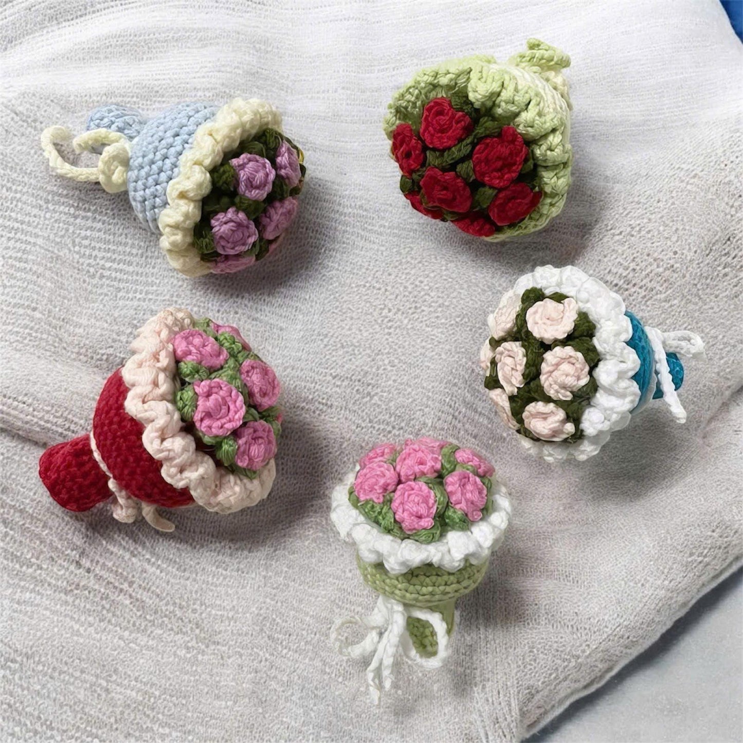 Crochet Rose Bouquet Keychain: Handmade Cotton Yarn Bag Charm