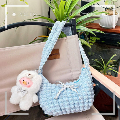 Crochet Popcorn Shoulder Bag: Handmade Macrame Yarn Coquette Bag