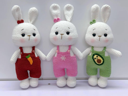 Crochet Bunny Plushie: Handmade Stuffed Toy in Overalls
